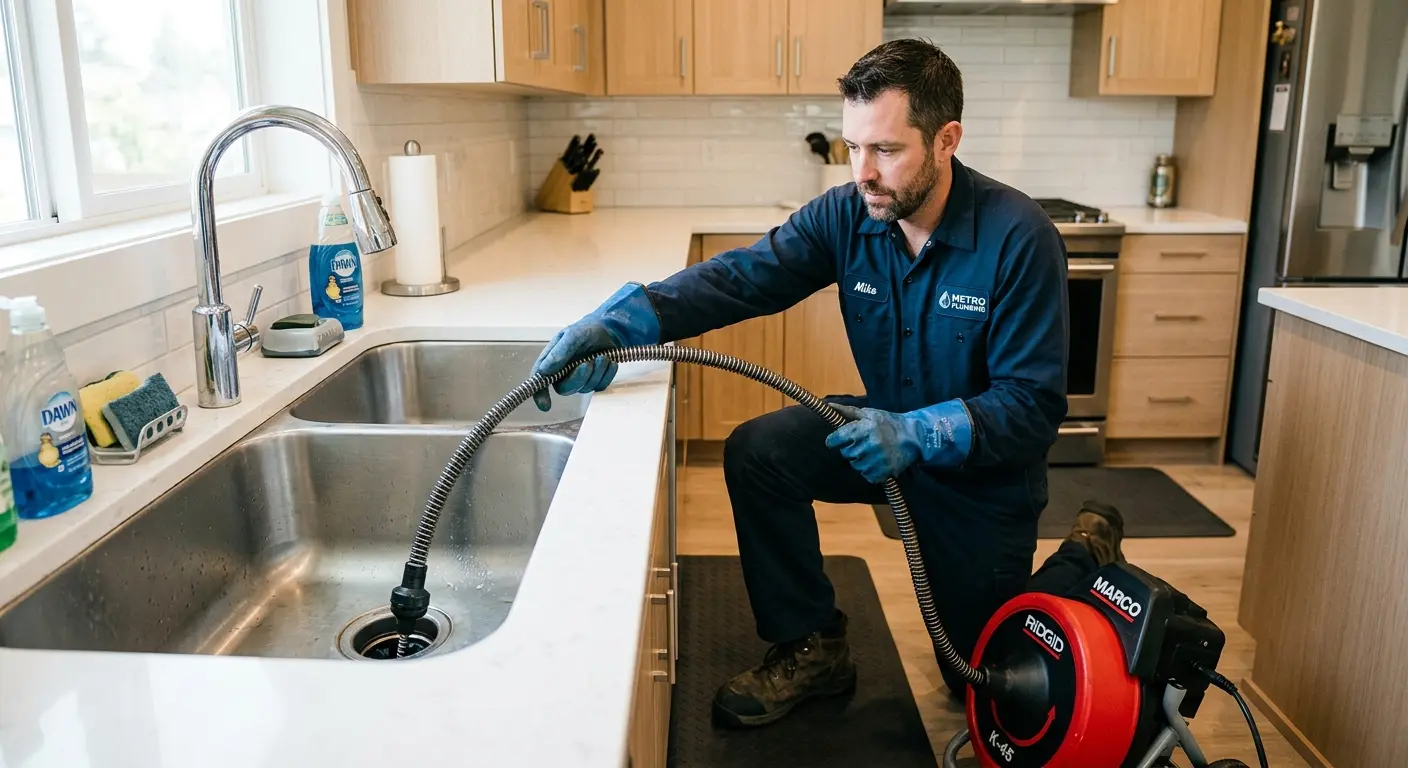 Drain cleaning technician using a motorized snake on a kitchen sink in Fond du Lac