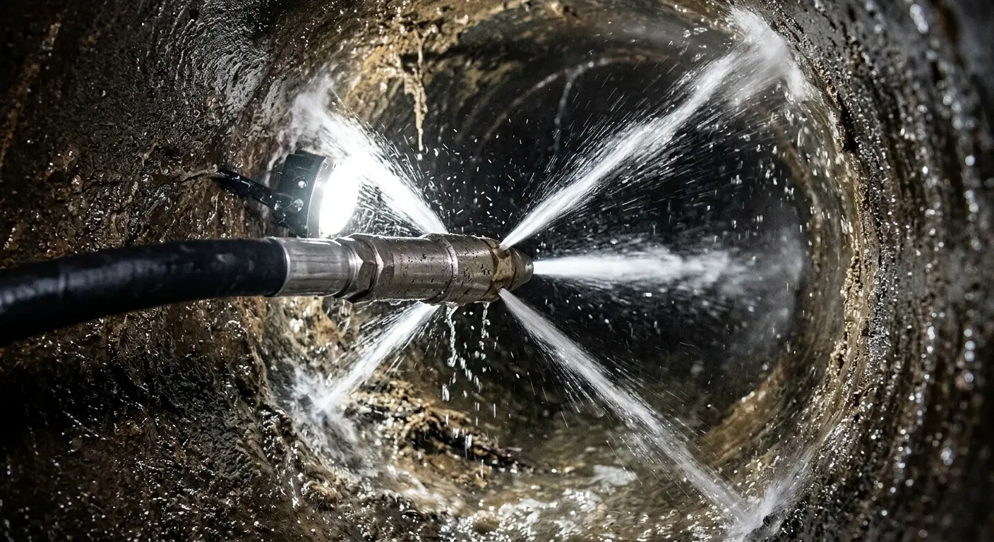 High-pressure hydro jetting nozzle cleaning sewer pipe for Emergency Drain Service in Fond du Lac
