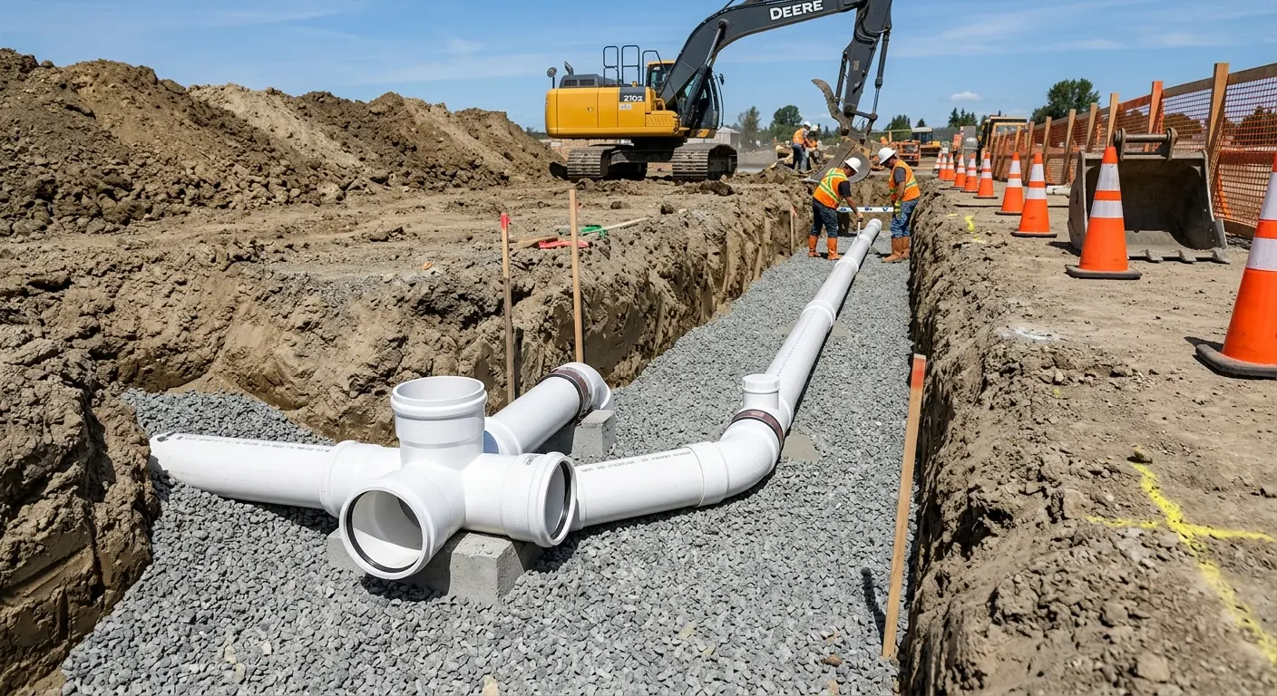 New PVC sewer pipe installation in open trench for Sewer Backup in Fond du Lac