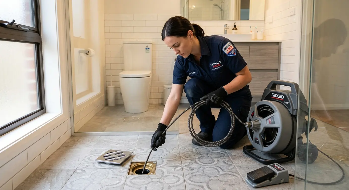 Technician clearing a bathroom floor drain for Drain Cleaning in Fond du Lac